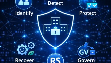 Network of digital security icons including lock, shield, fingerprint, laptop, encrypted cloud, email, and surveillance camera.