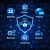Network of digital security icons including lock, shield, fingerprint, laptop, encrypted cloud, email, and surveillance camera.