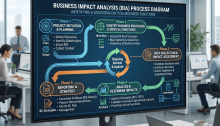 Business Impact Analysis process diagram showing five phases with objectives and tasks
