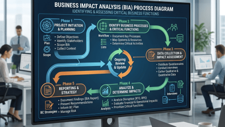 Business Impact Analysis process diagram showing five phases with objectives and tasks