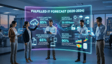 Team reviewing IT forecast data with holographic interfaces