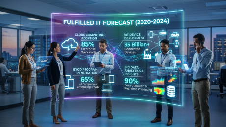 Team reviewing IT forecast data with holographic interfaces
