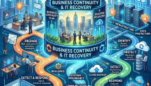 Illustration showing business continuity and IT recovery plan with steps for preparing, detecting, responding, and recovering IT systems and data.