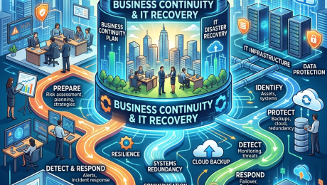 Illustration showing business continuity and IT recovery plan with steps for preparing, detecting, responding, and recovering IT systems and data.