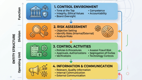 COSO Internal Control Framework showing five components: Control Environment, Risk Assessment, Control Activities, Information & Communication, Monitoring Activities.