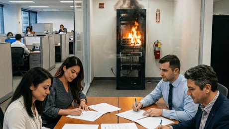 Four people at a conference table writing on documents with a server rack on fire behind glass