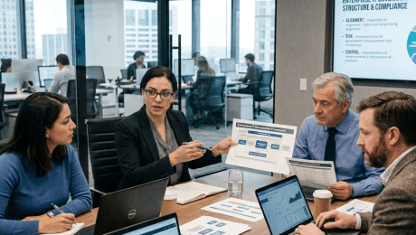 Four professionals collaborating around a conference table with laptops and charts about IT governance