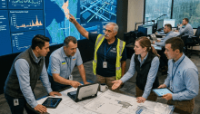 Water utility team reviewing plans beside real-time monitoring dashboards
