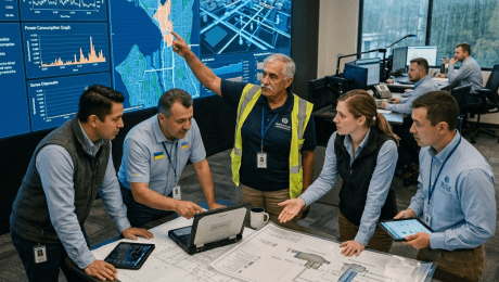 Water utility team reviewing plans beside real-time monitoring dashboards