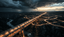 Illuminated bridge crossing a rugged canyon beneath dark storm clouds