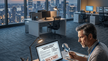 Man inspecting laptop showing GOVERNMENT CERTIFICATE VERIFICATION PORTAL and REAL or FAKE?