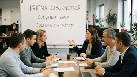 Whiteboard reads “IGENA CIBERNETICĂ,” “CONSTIENTIZARE,” and “CULTURA SECURITĂȚII” as a team meets.