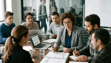 Diverse office team reviewing documents around a conference table