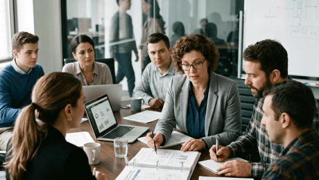 Diverse office team reviewing documents around a conference table