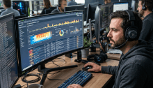 Analyst wearing headset monitors cybersecurity dashboards at multiple computer screens