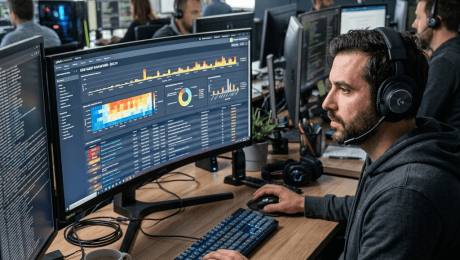 Analyst wearing headset monitors cybersecurity dashboards at multiple computer screens