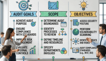 Infographic titled "Understanding the Audit Process: Goals, Scope, and Objectives" with sections for Audit Goals, Scope, Objectives, and a Planning, Execution, Reporting timeline. Audit Goals: Achieve audit purpose; Ensure compliance with standards; Improve risk management; Evaluate internal controls. Scope: Determine audit boundaries; Identify processes to review; Define timeline and resources; Specify departments involved. Objectives: Verify financial accuracy; Test operational efficiency; Detect fraud or errors; Assess data security.