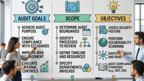 Infographic titled "Understanding the Audit Process: Goals, Scope, and Objectives" with sections for Audit Goals, Scope, Objectives, and a Planning, Execution, Reporting timeline. Audit Goals: Achieve audit purpose; Ensure compliance with standards; Improve risk management; Evaluate internal controls. Scope: Determine audit boundaries; Identify processes to review; Define timeline and resources; Specify departments involved. Objectives: Verify financial accuracy; Test operational efficiency; Detect fraud or errors; Assess data security.