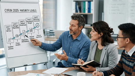 Team reviewing CYFUN 2025: Maturity Levels, from Level 1 Initial to Level 5 Optimizing